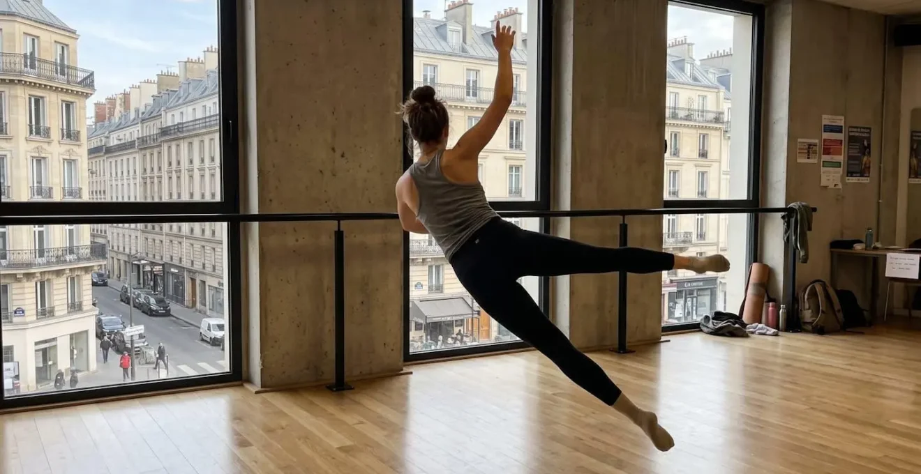 Danseur contemporain en mouvement de suspension lors d'une répétition dans un studio lumineux avec grandes baies vitrées