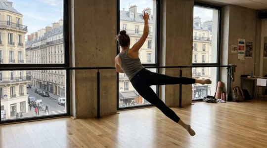 Danseur contemporain en mouvement de suspension lors d'une répétition dans un studio lumineux avec grandes baies vitrées
