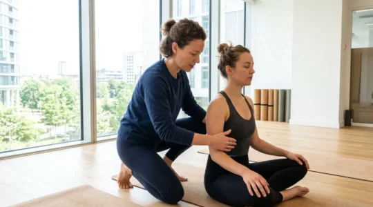 Un formateur guide un participant lors d'un exercice vocal dans une salle de formation contemporaine lumineuse, interaction naturelle vue de trois-quarts