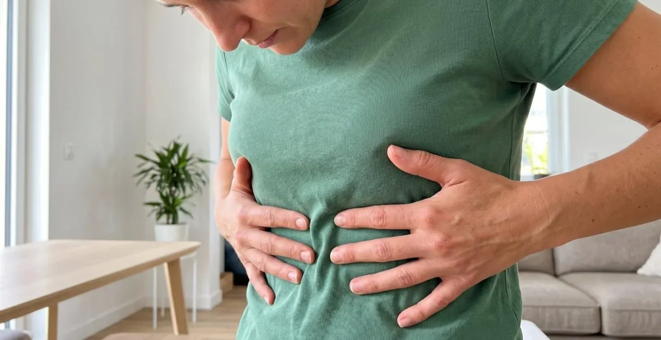 Gros plan sur des mains placées sur les côtes basses d'une personne lors d'un exercice de respiration, lumière naturelle latérale, arrière-plan flouté