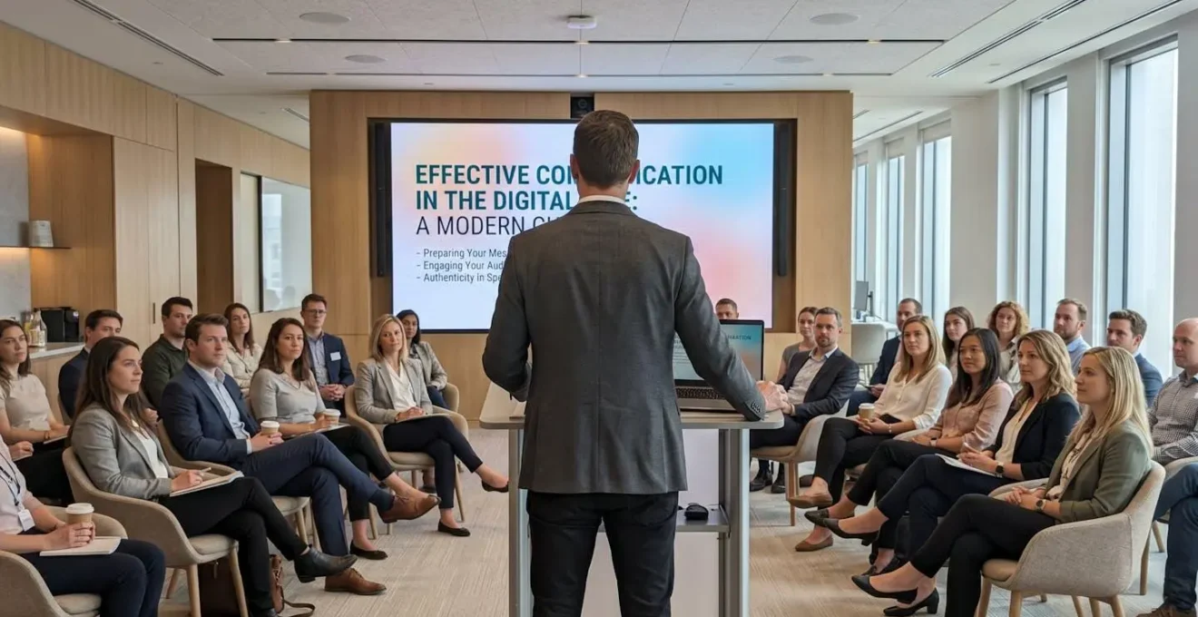 Personne vue de dos debout face à un petit auditoire dans une salle de conférence contemporaine, posture droite et ancrée, bras légèrement écartés, moment de préparation avant prise de parole
